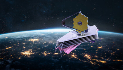 Aufkleber - James Webb telescope in outer space on orbit of Earth at night. Planet surface and satellite. Elemets of thisd iamge furnished by NASA