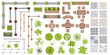 © Volha - Architectural elements for landscape design top view. Outdoor furniture, fence, trees and tile path. Set of benches, plants in pots and tile for landscape design. Set for projects. Vector flat