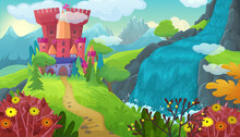 Cartoon Scene With Nature Forest Princess And Castle
