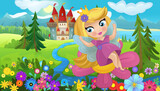 Fototapeta Pokój dzieciecy - cartoon scene with nature forest princess and castle