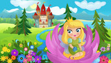 Fototapeta Pokój dzieciecy - cartoon scene with nature forest princess and castle