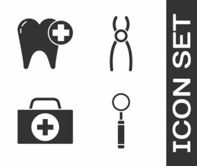 Canvas Print - Set Dental inspection mirror, Tooth, First aid kit and Dental pliers icon. Vector