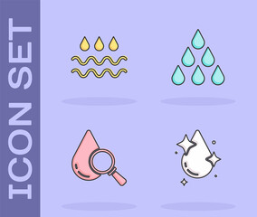 Sticker - Set Water drop, Wave with water, Drop and magnifying glass and icon. Vector