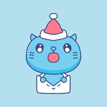 Cute Cat Wear Santa Hat With Envelope For Christmas Illustration. Vector Graphics For T-shirt Prints And Other Uses.