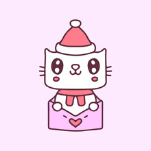 Kawaii Cat Wear Santa Hat In Love Letter Cartoon. Christmas Illustration. Vector Graphics For T-shirt Prints And Other Uses.