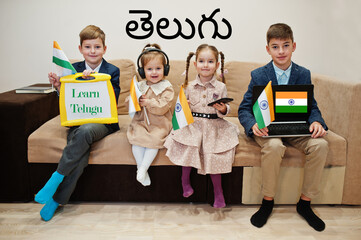 Four kids show inscription learn telugu. Foreign language learning concept. Indian flags.