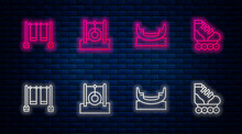 Set Line Car Tire Hanging On Rope, Boat Swing, Double And Roller Skate. Glowing Neon Icon On Brick Wall. Vector