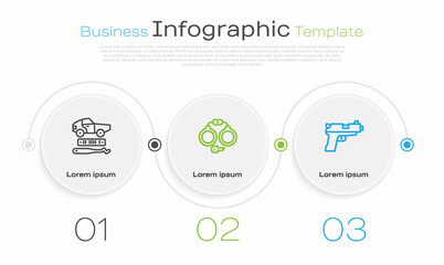 Poster - Set line Car theft, Handcuffs and Pistol or gun. Business infographic template. Vector