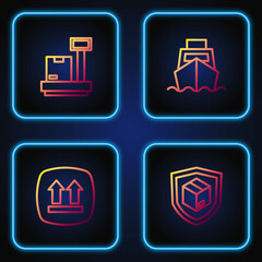 Sticker - Set line Delivery security with shield, This side up, Scale cardboard box and Cargo ship boxes delivery. Gradient color icons. Vector