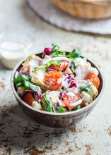 Cesar Chicken Salad With Vegetables And Garlic Dressing