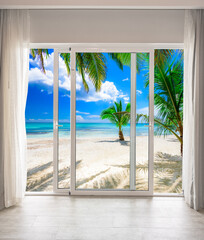 Canvas Print - large glass door overlooking the beach