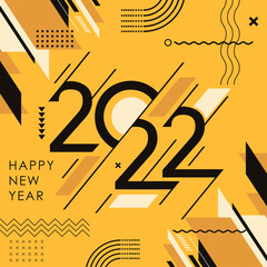 Wall Mural - 2022 retro style banner with geometric abstract background and modern typography. happy new year greeting card design for 2022 calligraphy. Yellow black Vector illustration