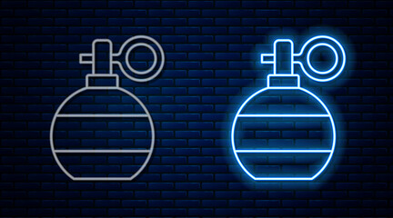 Wall Mural - Glowing neon line Hand grenade icon isolated on brick wall background. Bomb explosion. Vector