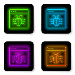 Glowing neon line System bug concept icon isolated on white background. Code bug concept. Bug in the system. Bug searching. Black square button. Vector