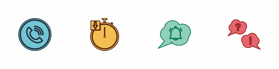 Sticker - Set Phone call, Stopwatch, Speech bubble chat notification and Question and Exclamation icon. Vector