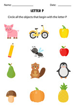 Circle All The Objects That Begin With The Letter P. Worksheet For Kids.