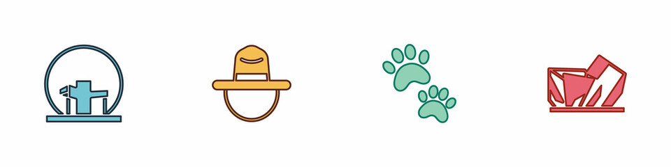 Sticker - Set Montreal Biosphere, Canadian ranger hat, Paw print and Royal Ontario museum icon. Vector