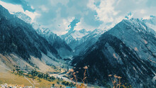 Mesmerizing Scenic View Of  Huge Great Rocky Snowy Mountains In Sonamarg, Kashmir