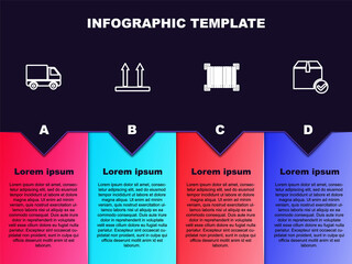 Wall Mural - Set line Delivery cargo truck vehicle, This side up, Barcode and Package box with check mark. Business infographic template. Vector