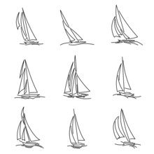 Set Of Simple Vector Images Of Sailing Yachts With Triangular Sails On Waves Drawn In Line Style.