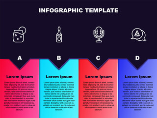 Wall Mural - Set line Cocktail, Champagne bottle, Microphone and Slice of pizza. Business infographic template. Vector