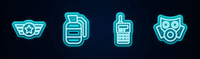 Set Line Star American Military, Hand Grenade, Walkie Talkie And Gas Mask. Glowing Neon Icon. Vector