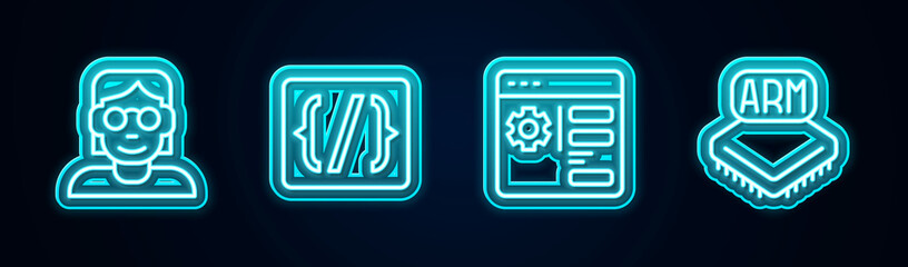 Set line Hacker or coder, Programming language syntax, Browser setting and Processor. Glowing neon icon. Vector