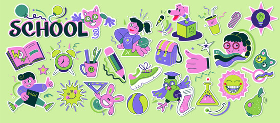 School graphic stickers. Abstract science college and elementary school badges with kids and science elements. Vector doodle emblems set