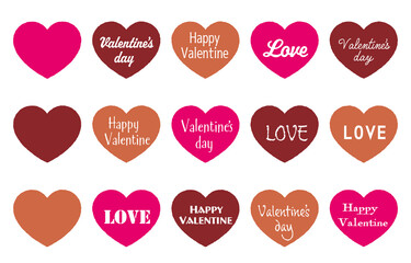 3色のハートと様々なフォントの『Happy Valentine』『 Valentine’s d ay』『LOVE』の文字のイラスト