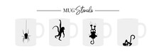 Mug Stencil Design Isolated On White Background. Spider Hanging Illustration, Monkey Hanging, Cat Falling, Cat Peeking
