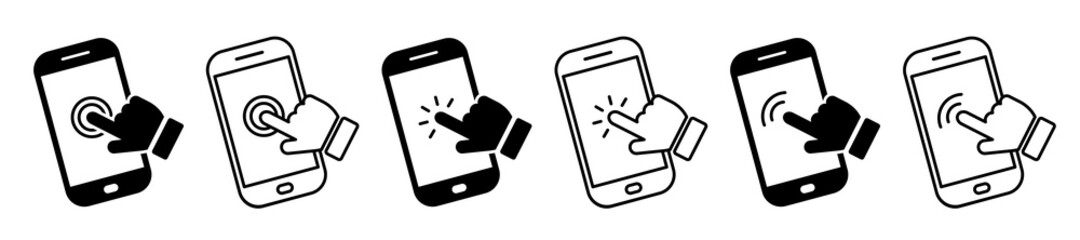 Set of mobile phone touch screen icons with hand. Smartphone symbol, click on the smartphone. Smartphone touchscreen tap signs. Vector illustration.