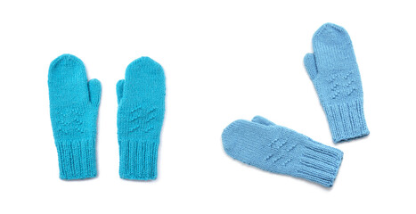 Blue mittens isolated on white background