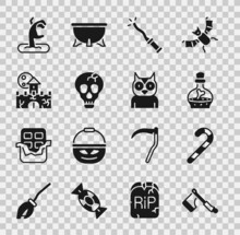 Set Wooden Axe, Christmas Candy Cane, Bottle With Potion, Magic Wand, Skull, Castle, Fortress, Zombie Hand And Owl Bird Icon. Vector