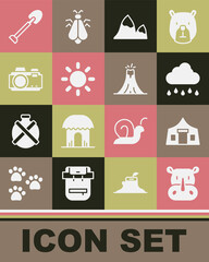 Sticker - Set Rhinoceros, Tourist tent, Cloud with rain, Mountains, Sun, Photo camera, Shovel and Volcano eruption icon. Vector