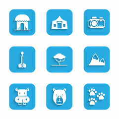 Poster - Set African tree, Bear head, Paw print, Mountains, Hippo or Hippopotamus, Arrow, Photo camera and hut icon. Vector