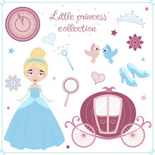 Princess Cinderella Set, Children's Illustration, Vector. Accessories For Cinderella.