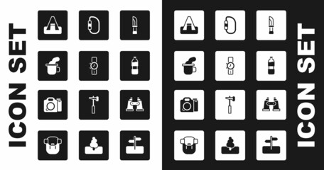 Canvas Print - Set Knife, Wrist watch, Cup of tea, Tourist tent, Bottle water, Carabiner, Binoculars and Photo camera icon. Vector