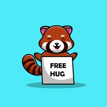 Cute Red Panda With Free Hug Board Cartoon Vector Icon Illustration. Animal Icon Concept Isolated Premium Vector. Flat Cartoon Style