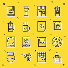 Set Line Barista, Cookie Or Biscuit, Street Signboard Coffee, Coffee Shop, Cup And Heart, French Press, Book And Poster Icon. Vector