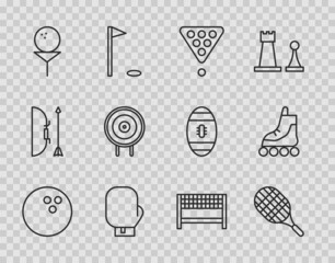 Wall Mural - Set line Bowling ball, Tennis racket, Billiard balls triangle, Boxing glove, Golf on tee, Target sport, Ribbon finishing line and Roller skate icon. Vector