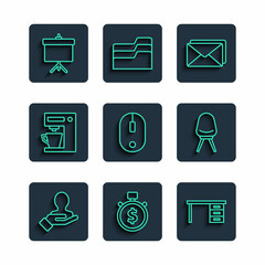 Poster - Set line Hand for search a people, Time is money, Office desk, Envelope, Computer mouse, Coffee machine, Chalkboard with diagram and chair icon. Vector