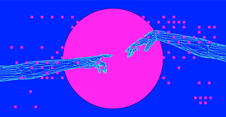 Aufkleber - Vector low poly 3D model of hands going to touch together, reminiscent of Michelangelo's artwork. Conceptual illustration of Artificial intelligence.