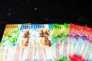 Poster - Stack of Swiss franc banknotes isolated on a dark background