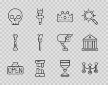Set Line Hanging Sign With Open, Rope Barrier, King Crown, Broken Ancient Column, Human Skull, Paint Brush, Medieval Goblet And Museum Building Icon. Vector