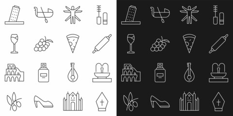 Wall Mural - Set line Pope hat, Fountain, Rolling pin, Vitruvian Man, Grape fruit, Wine glass, Tower Pisa and Slice of pizza icon. Vector