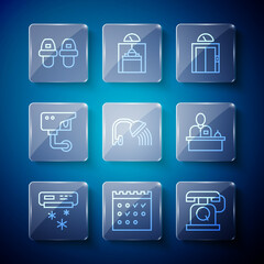 Poster - Set line Air conditioner, Hotel booking calendar, Telephone handset, Lift, Shower head, Security camera, slippers and reception desk icon. Vector