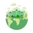Sustainable green eco city on the earth planet in flat design vector illustration.