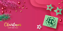 Vector Christmas Banner For On Sale Holiday. Happy New Year Background And Cute Elegant Use For Poster, Headers Website, Card, Have Gift Box, Star, And Glitter Gold Confetti For Decoration. Pink Tone
