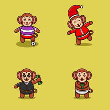 Set Of Cute Baby Monkey Character With Various Poses. Football, Christmas, Boss And Bring Tea Cup.