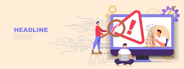 Remote client support helpline. Tiny people help customers online, employees fix issues, system administrator setup software, equipment. Operating system error warning flat vector illustration.